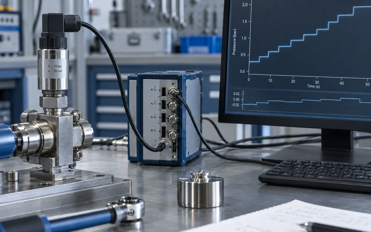 Pressure sensor connected to data-acquisition equipment with a stepped digital measurement trace on screen