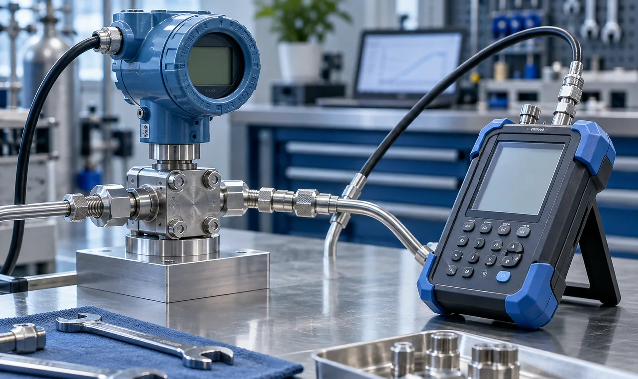 General pressure transmitter calibration setup with a portable reference instrument and pressure connections
