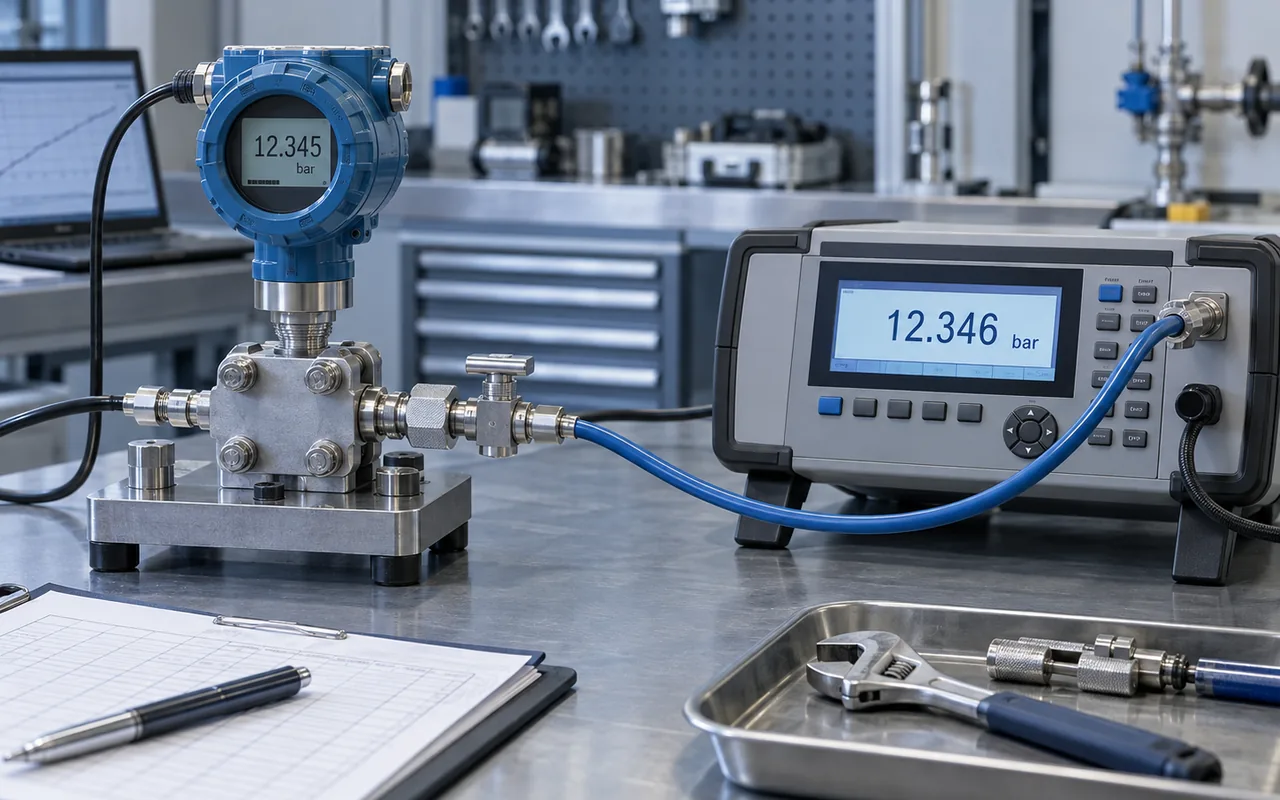 Pressure transmitter compared with a reference instrument during measurement uncertainty evaluation