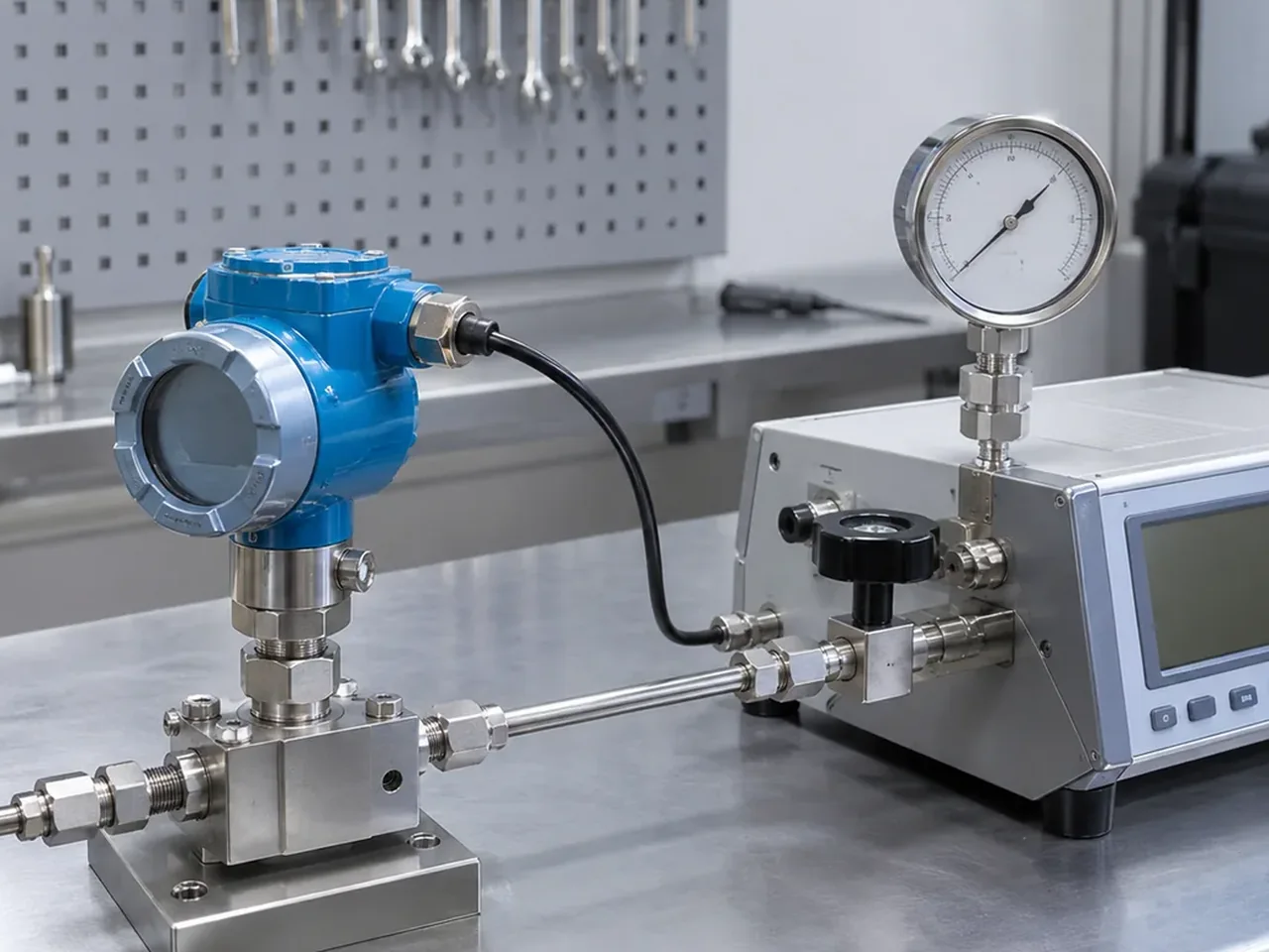 Industrial pressure transmitter connected to a laboratory pressure reference and test instrument