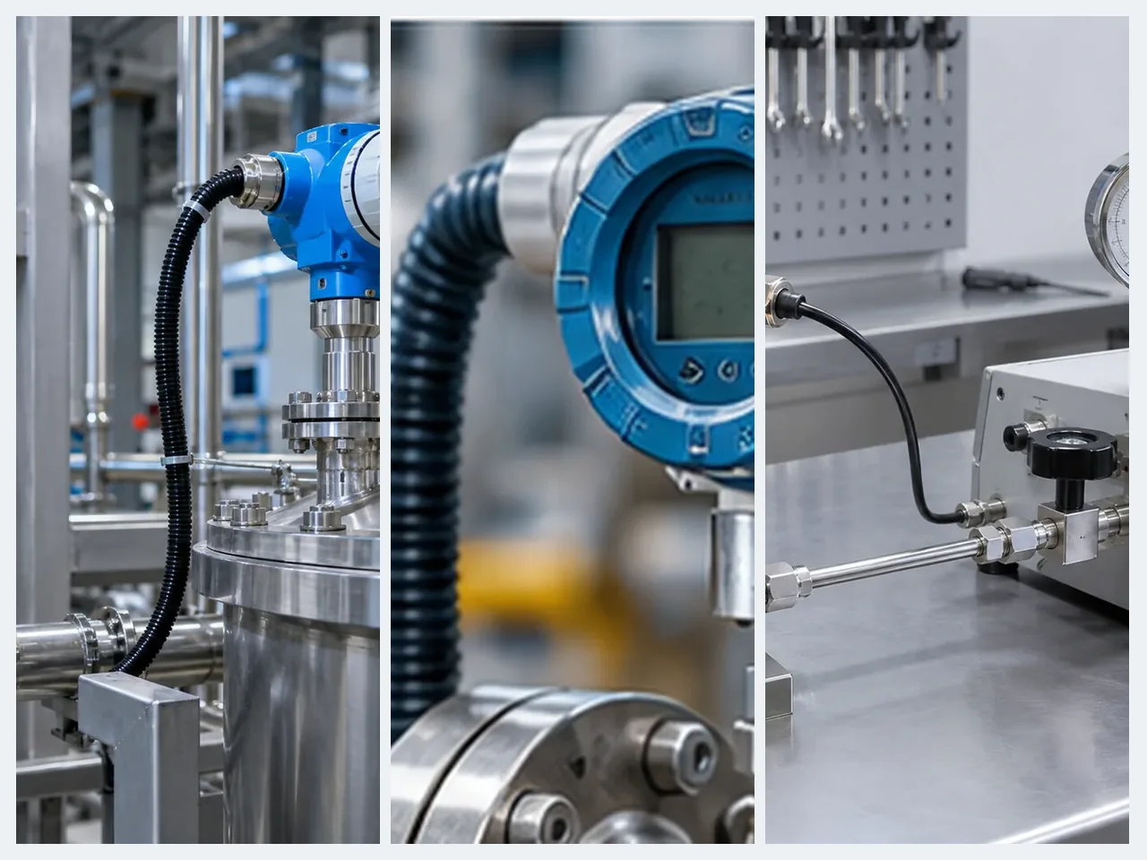 Industrial process sensors shown in installed, close-up and calibration contexts