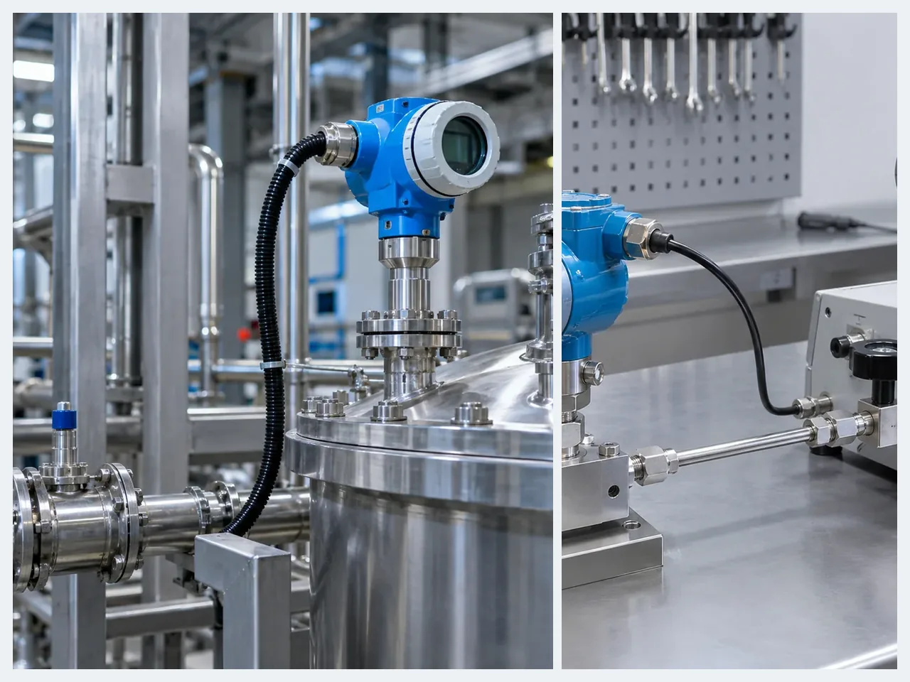 Industrial transmitter installed on process equipment beside a laboratory verification setup