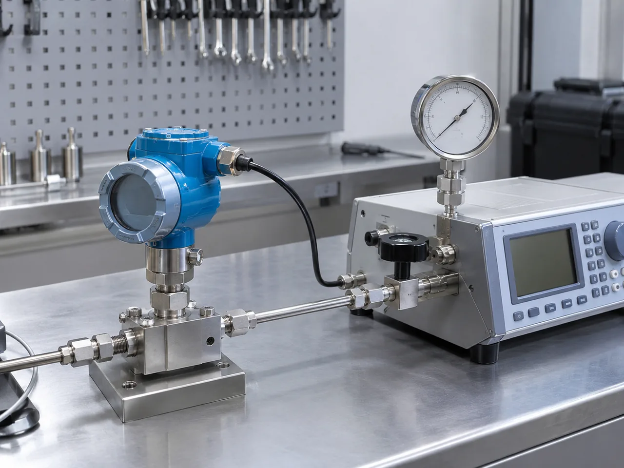 Pressure transmitter connected to a reference pressure calibration setup