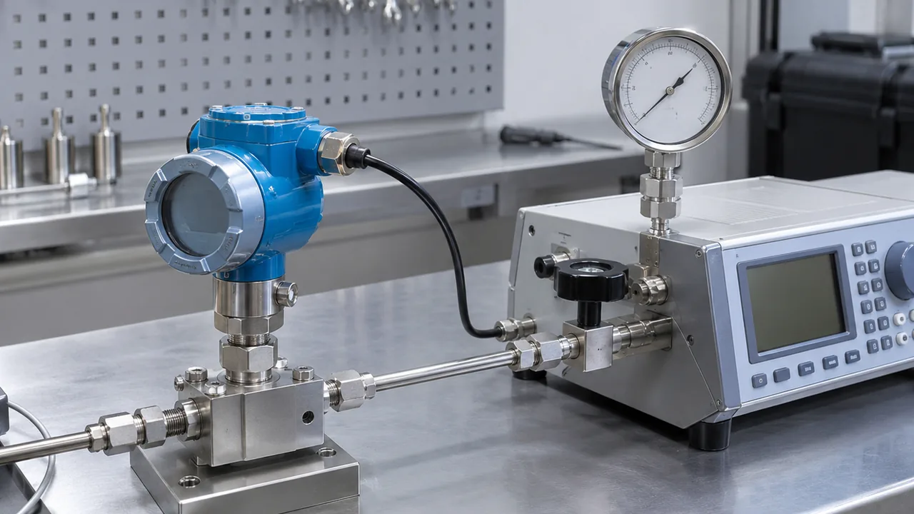 Pressure transmitter connected to a reference gauge and pressure calibration instrument