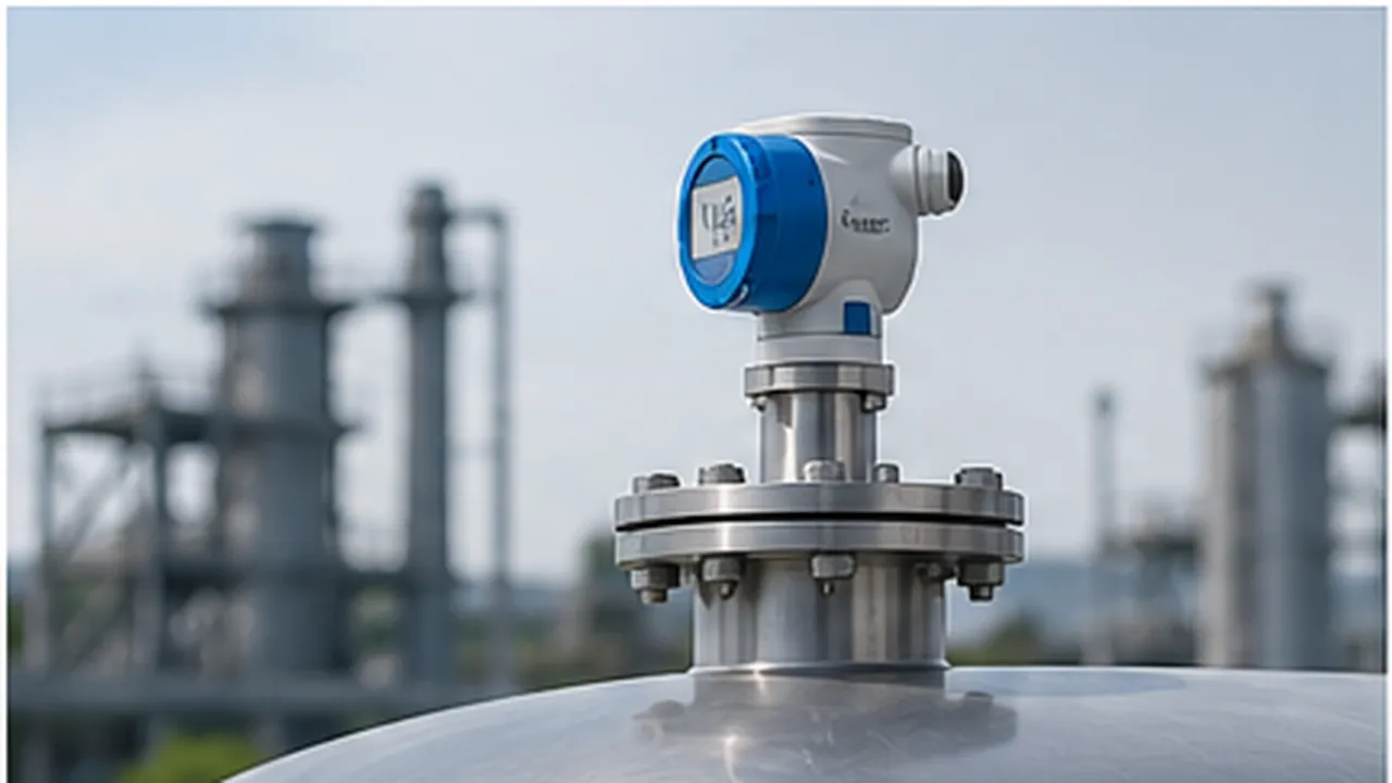 Radar level transmitter mounted on the top nozzle of a stainless-steel storage vessel