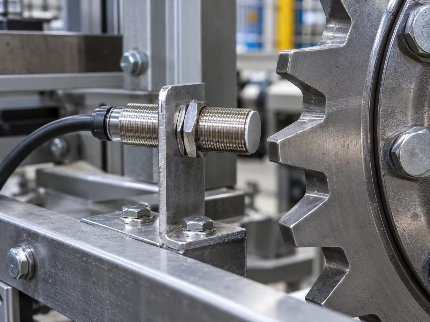 Inductive proximity sensor on a metal bracket aimed at a steel gear with nearby machine metal
