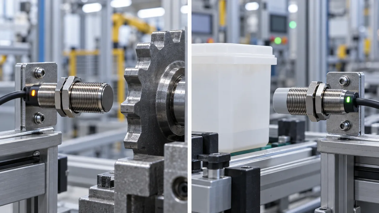 Inductive proximity sensor facing a steel gear and capacitive sensor facing a plastic container on an industrial line