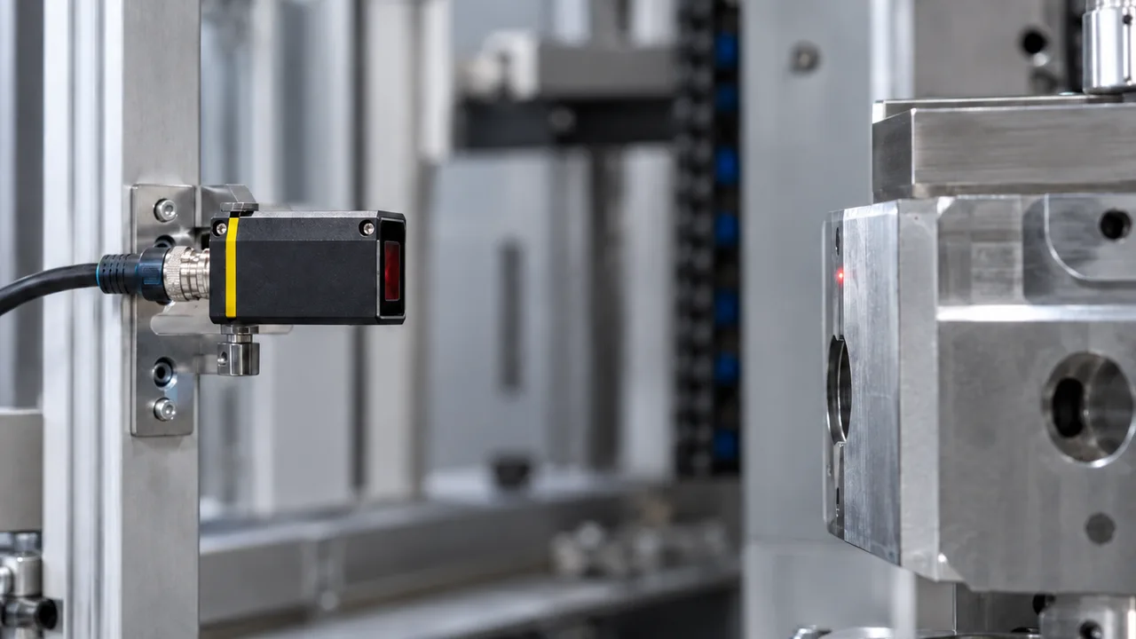 Industrial laser displacement sensor measuring a machined metal target