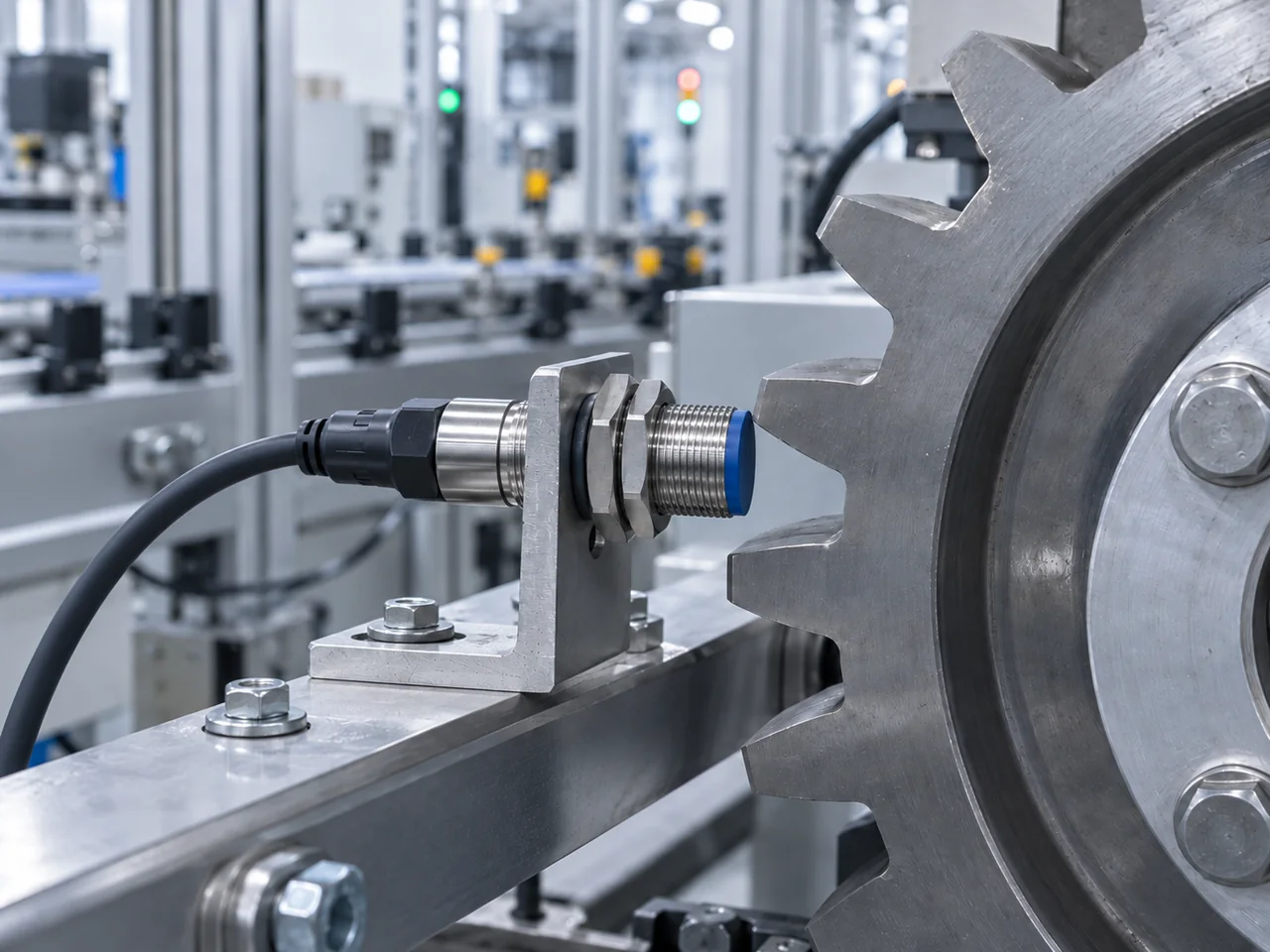 Cylindrical inductive proximity sensor detecting a steel gear tooth
