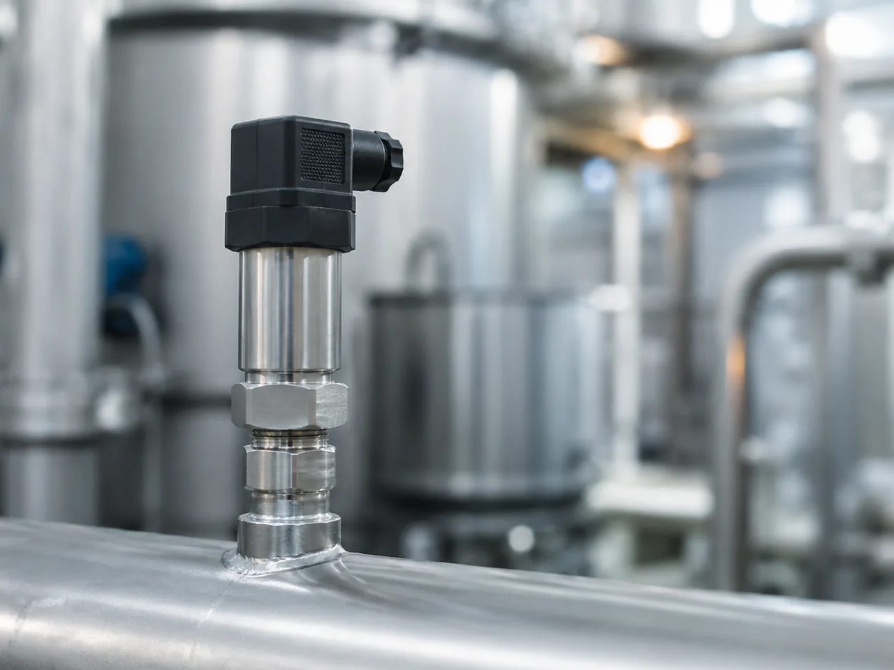 Industrial process sensor installed on stainless steel equipment
