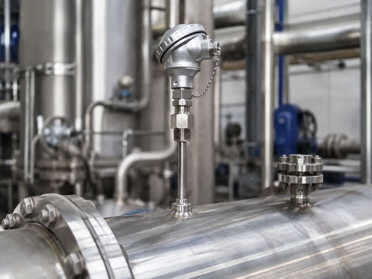 Industrial temperature sensor installed on stainless steel process equipment