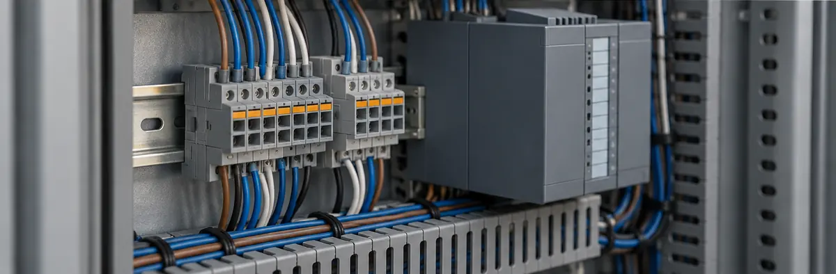 Terminal blocks and a controller in a wired control cabinet