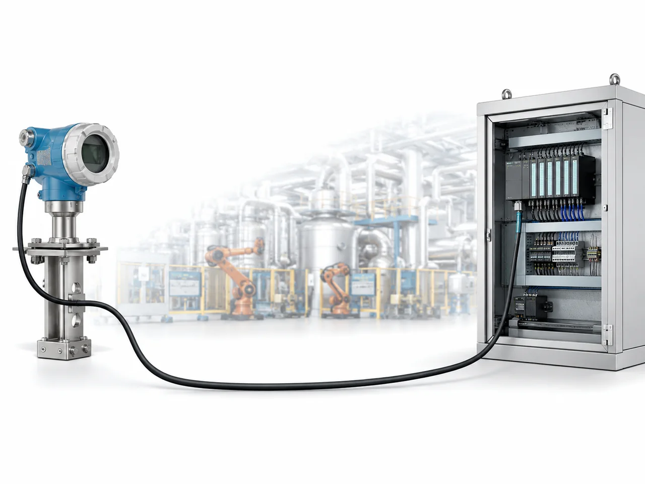 Industrial field sensor connected by cable to a control cabinet in a process plant