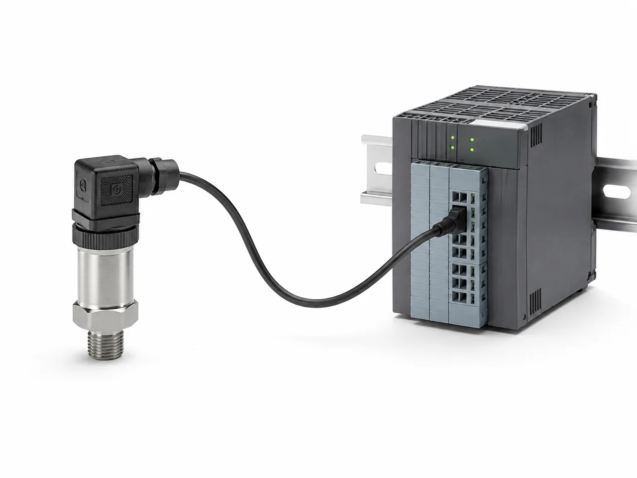 Industrial pressure sensor shown with a PLC module as a general analogue measurement illustration