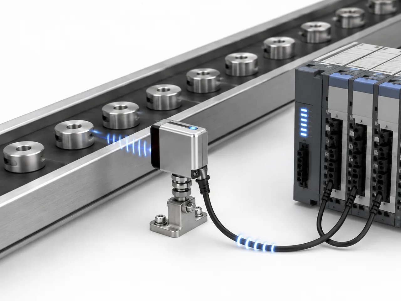 Industrial sensor detecting repeated parts on a conveyor beside a PLC control system