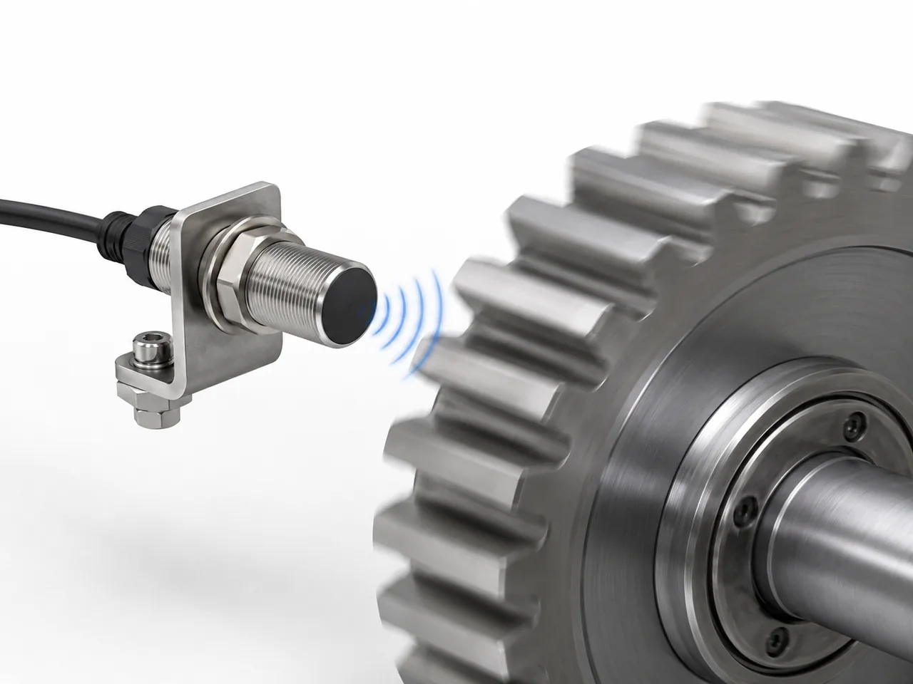 Industrial proximity sensor monitoring a rotating metal gear